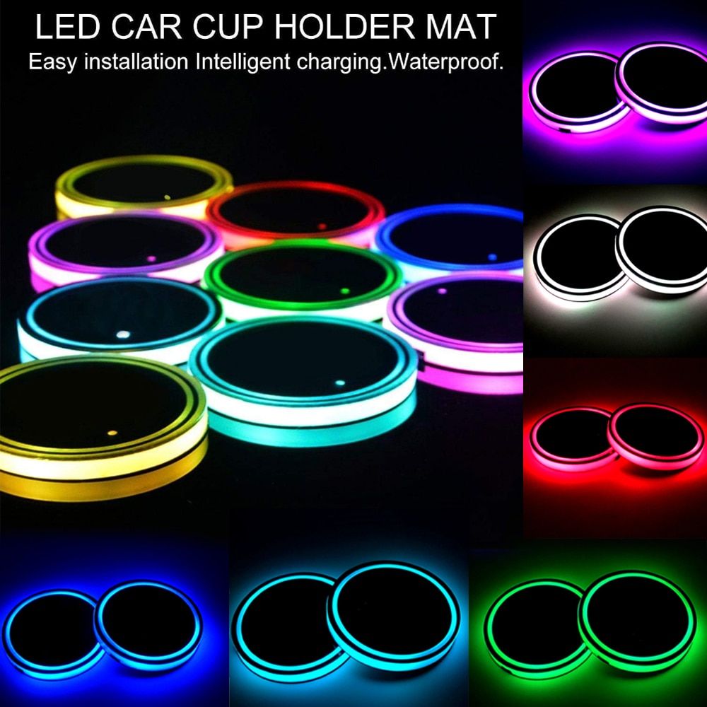 2Pc Universal New Led Car Cup Holder Bottom Pad LED Light Cover Trim Atmosphere Lamp Lights Anti-slip Mat Colorful Light Coaster Color
