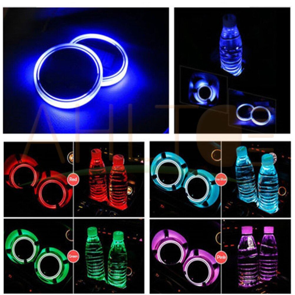 2Pc Universal New Led Car Cup Holder Bottom Pad LED Light Cover Trim Atmosphere Lamp Lights Anti-slip Mat Colorful Light Coaster Color