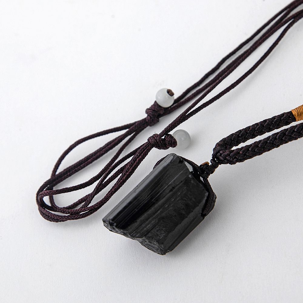 Women Men Black Natural Tourmaline Stone Pendant Necklace