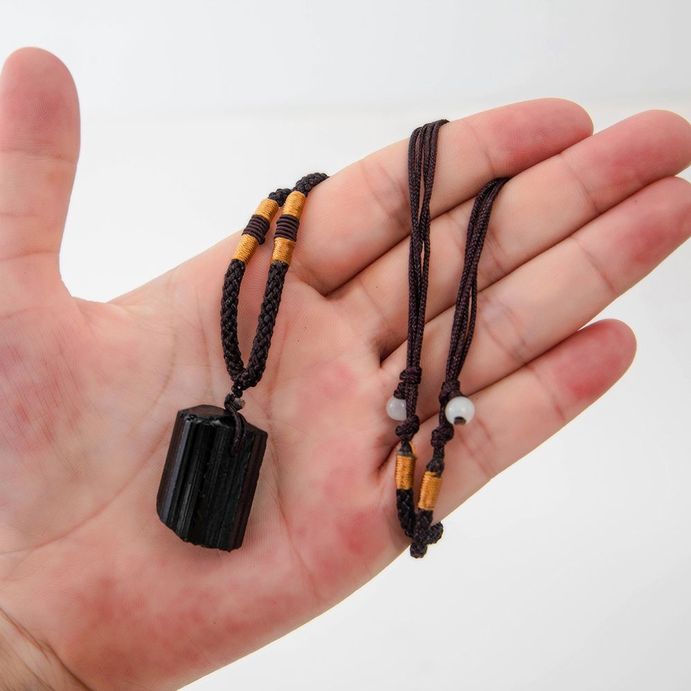 Women Men Black Natural Tourmaline Stone Pendant Necklace