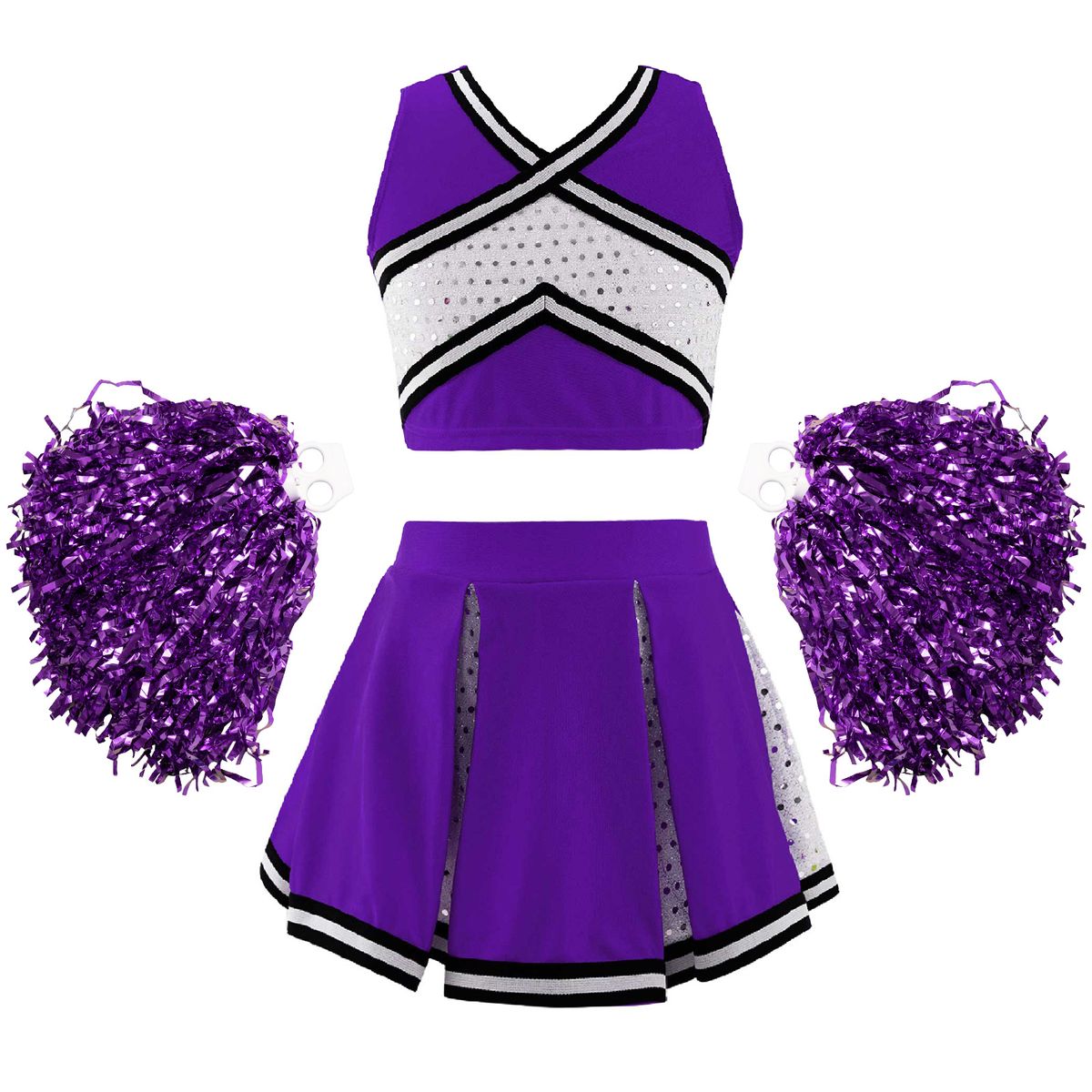 Kids Girls Cheerleading Uniform Dance Costume Striped Front V Neckline Top With Pleated Skirt And 2Pcs Flower Balls Outfit