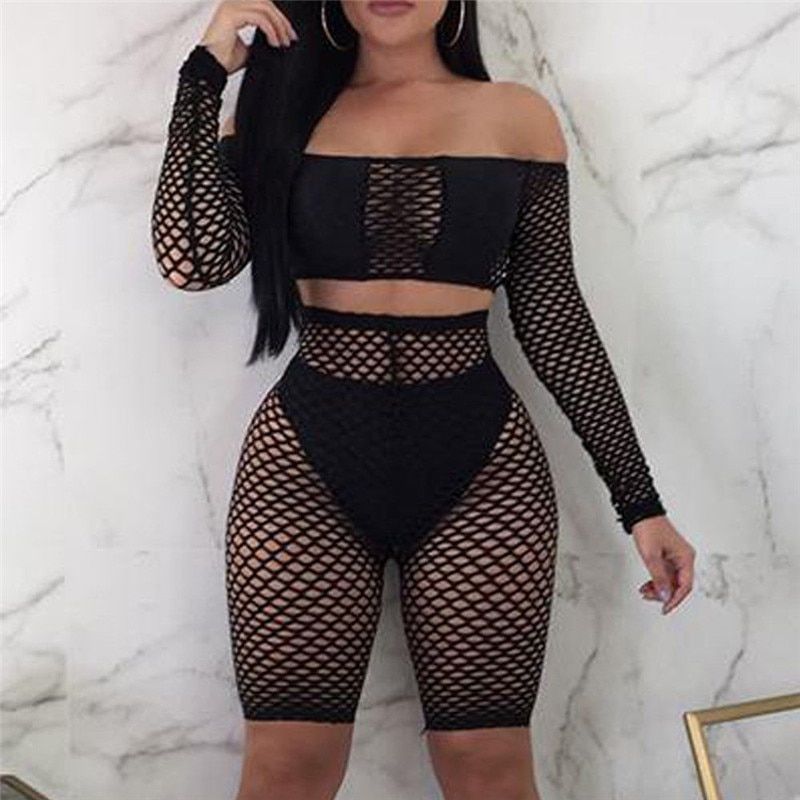 Women Ladies Crochet Mesh Long Sleeve See Through Mesh Fishnet Crop Night Sexy Tops Shorts Bottoms Set（#As The Picture Shows）