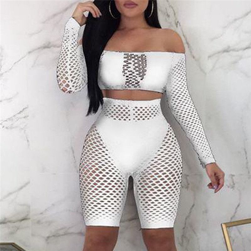 Women Ladies Crochet Mesh Long Sleeve See Through Mesh Fishnet Crop Night Sexy Tops Shorts Bottoms Set（#As The Picture Shows）