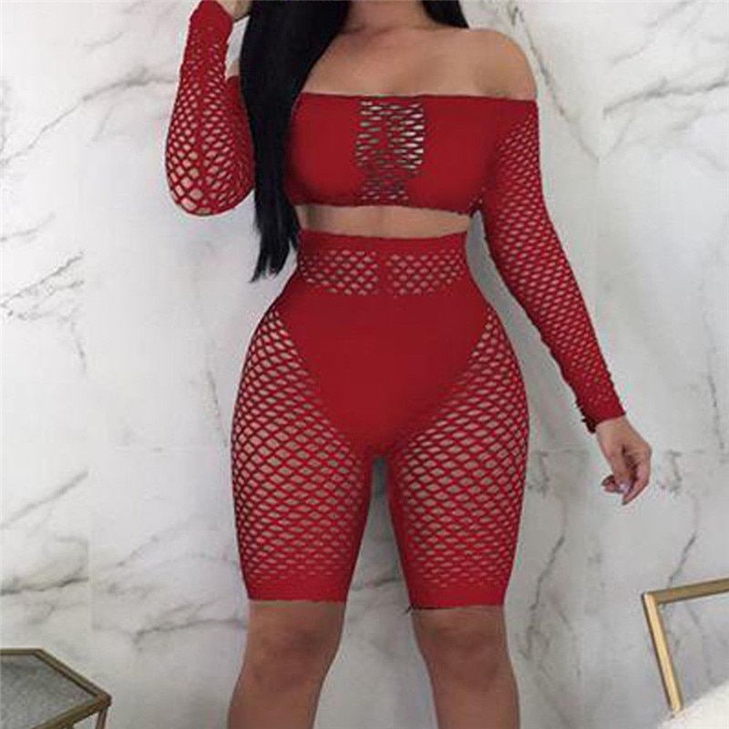 Women Ladies Crochet Mesh Long Sleeve See Through Mesh Fishnet Crop Night Sexy Tops Shorts Bottoms Set（#As The Picture Shows）