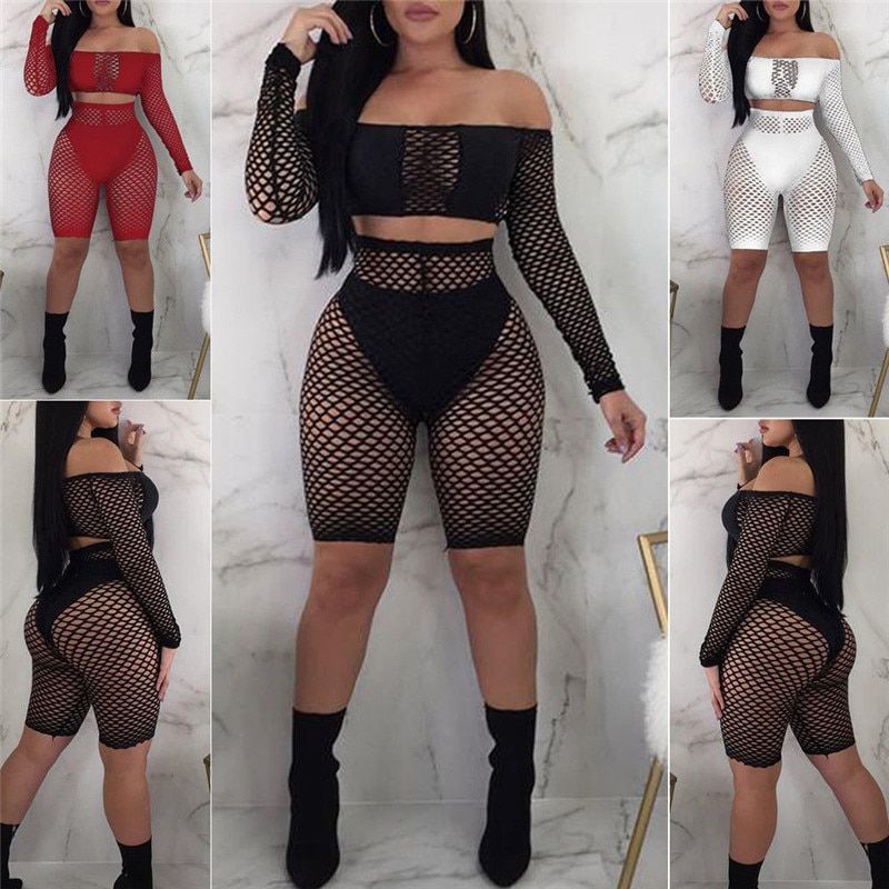 Women Ladies Crochet Mesh Long Sleeve See Through Mesh Fishnet Crop Night Sexy Tops Shorts Bottoms Set（#As The Picture Shows）