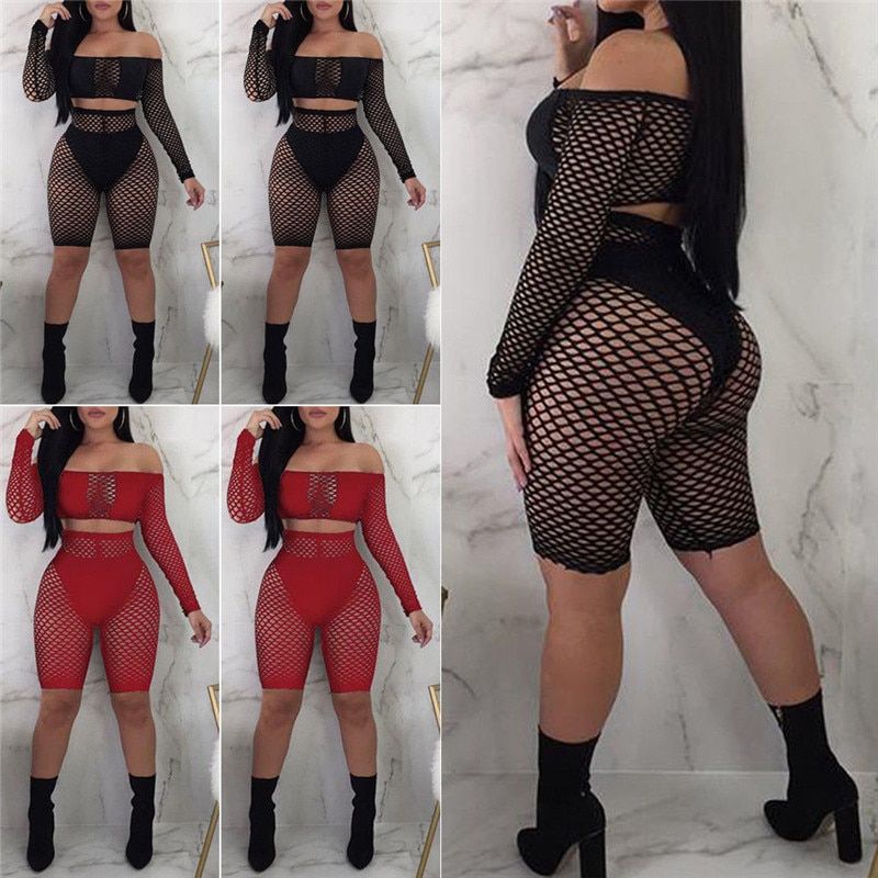 Women Ladies Crochet Mesh Long Sleeve See Through Mesh Fishnet Crop Night Sexy Tops Shorts Bottoms Set（#As The Picture Shows）