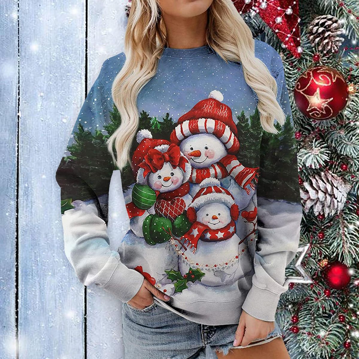 Women Christmas Sweatshirts Neck Long Sleeve Graphic Print Tees Pullov