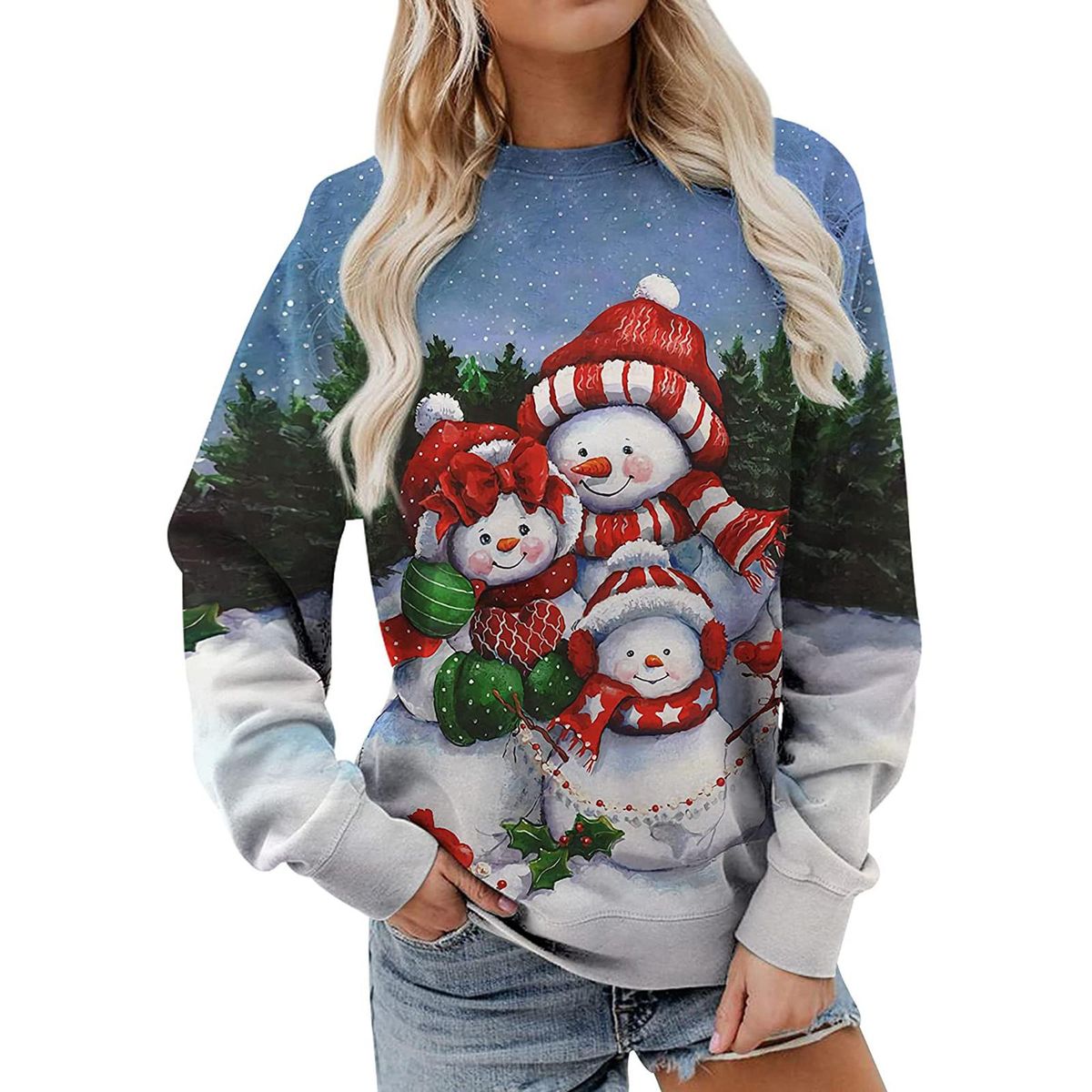 Women Christmas Sweatshirts Neck Long Sleeve Graphic Print Tees Pullov