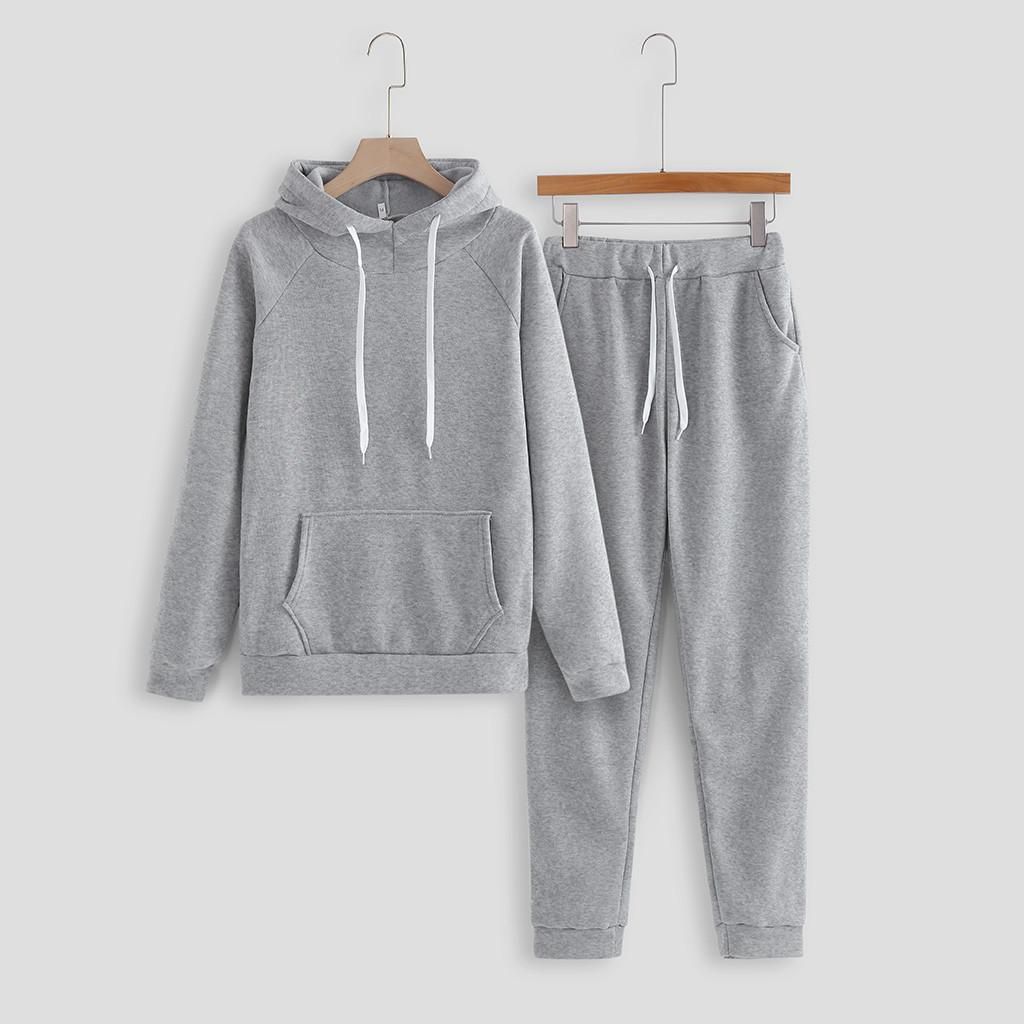 Women Solid Color Hooded Sweatshirt and pant Tracksuit Sport Suit