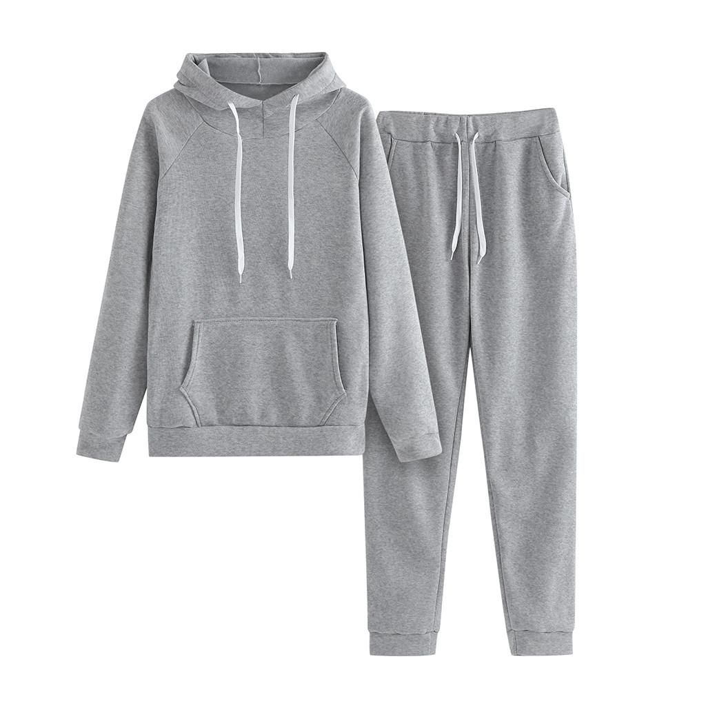 Women Solid Color Hooded Sweatshirt and pant Tracksuit Sport Suit