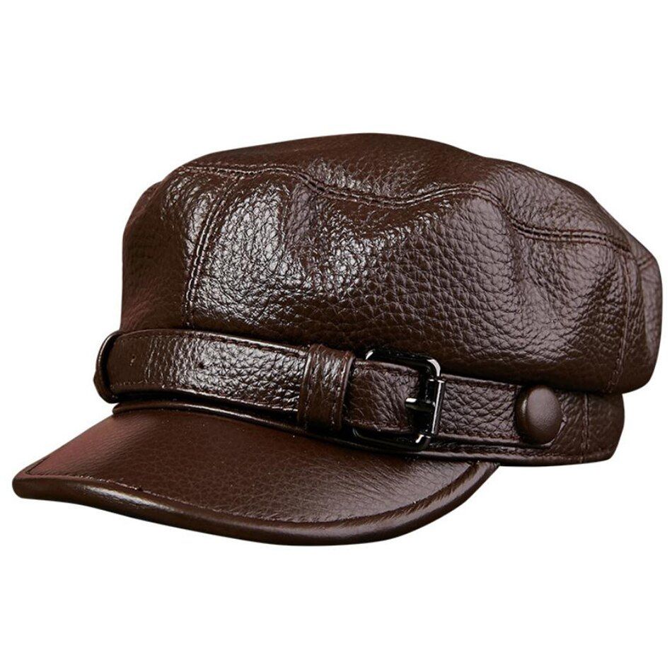 Brand Ary Hat Sailor Men Brown Genuine Cow Leather Winter Baker Boy Caps Male Belt Top Quality Captain Hat-brown Cap