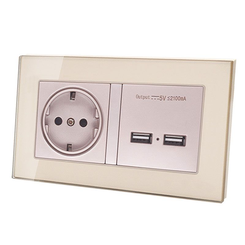 EU Standard Wall Crystal Glass Panel Power Socket Grounded With Dual USB Charging Port Wall Power Socket Outlet 146mm * 86mm