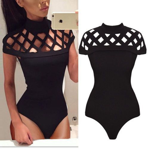 Women Ladies Sexy Long Sleeve Hollow Out Bodysuit Bodycon Bandage Jumpsuit Tops(#White)