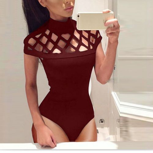 Women Ladies Sexy Long Sleeve Hollow Out Bodysuit Bodycon Bandage Jumpsuit Tops(#White)