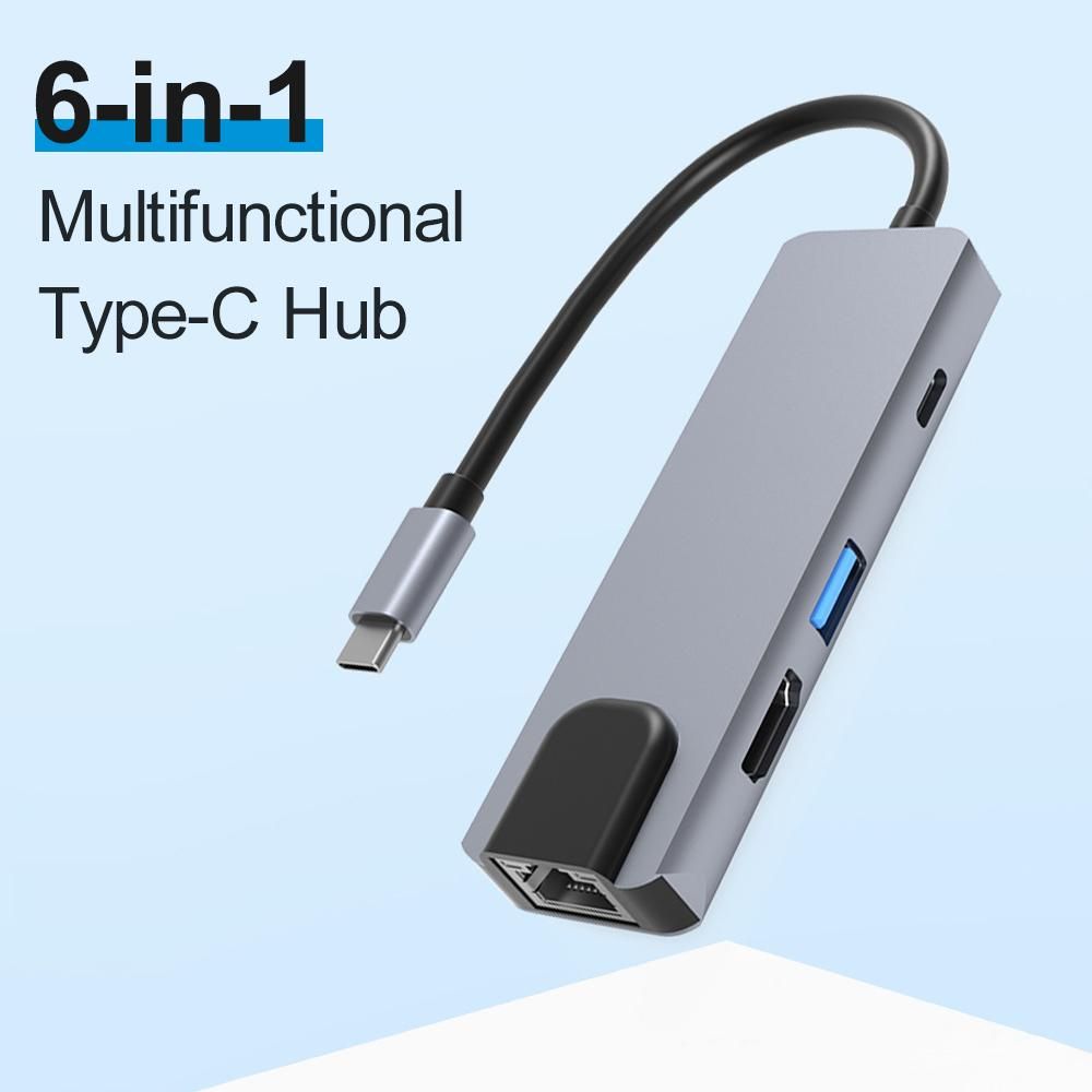6-in-1 Type-C Hub Multifunctional Type-C Converter Aluminum Alloy Shell with 100M RJ45 HD USB3.0 PD Ports SD TF Card Slots