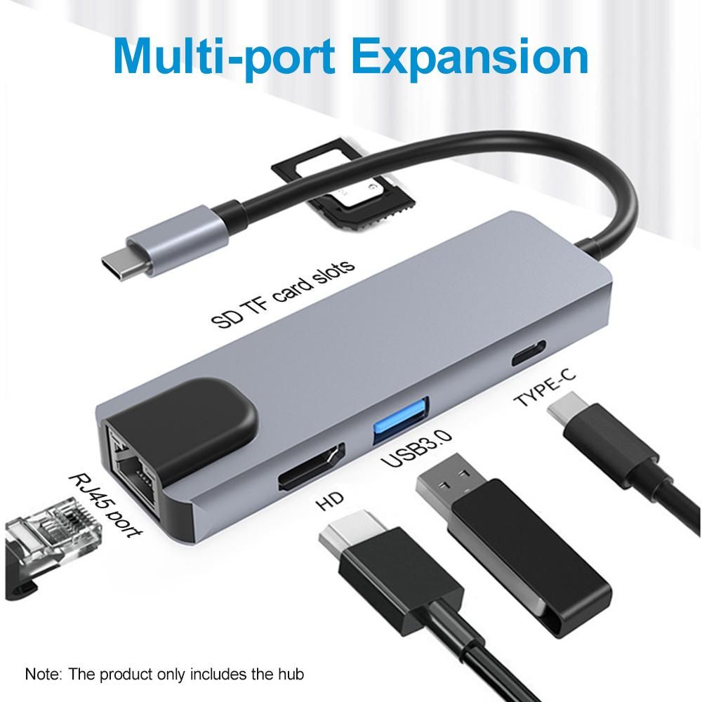 6-in-1 Type-C Hub Multifunctional Type-C Converter Aluminum Alloy Shell with 100M RJ45 HD USB3.0 PD Ports SD TF Card Slots