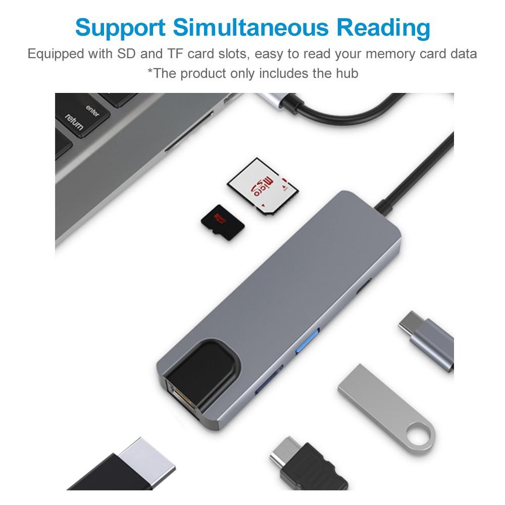 6-in-1 Type-C Hub Multifunctional Type-C Converter Aluminum Alloy Shell with 100M RJ45 HD USB3.0 PD Ports SD TF Card Slots