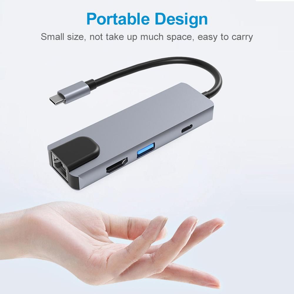 6-in-1 Type-C Hub Multifunctional Type-C Converter Aluminum Alloy Shell with 100M RJ45 HD USB3.0 PD Ports SD TF Card Slots