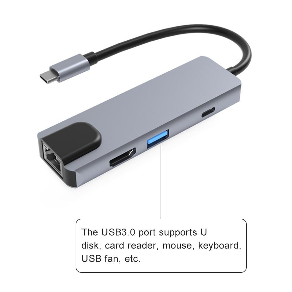 6-in-1 Type-C Hub Multifunctional Type-C Converter Aluminum Alloy Shell with 100M RJ45 HD USB3.0 PD Ports SD TF Card Slots