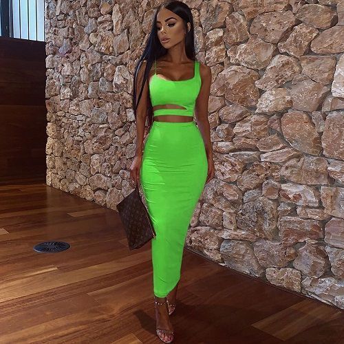 Women Autumn 2020 2Pcs Set Crop Top Hollow Out Buttock Skirts Two Piece Outfits Sexy Sets Ladies Wear（#green）