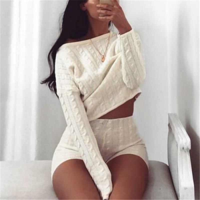 New Women Cable Knit Crop Top Lounge Wear Suit Ladies Co Ord 2pcs Tracksuit Set Lounge Wear Solid Crop Top Shirts Shorts Pants（#White）