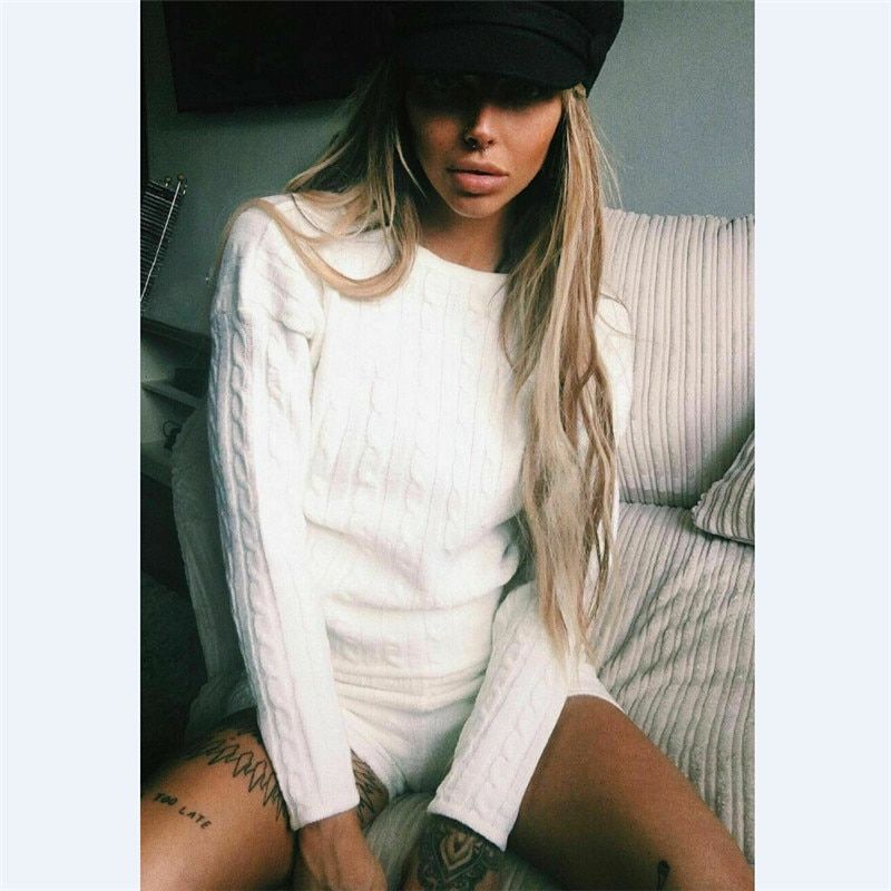 New Women Cable Knit Crop Top Lounge Wear Suit Ladies Co Ord 2pcs Tracksuit Set Lounge Wear Solid Crop Top Shirts Shorts Pants（#White）