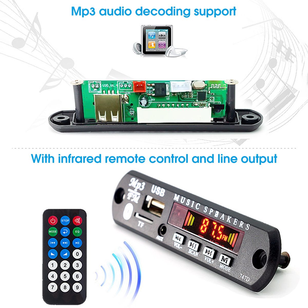 MP3 Decoder Board   LCD Display Bluetooth-compatible Black