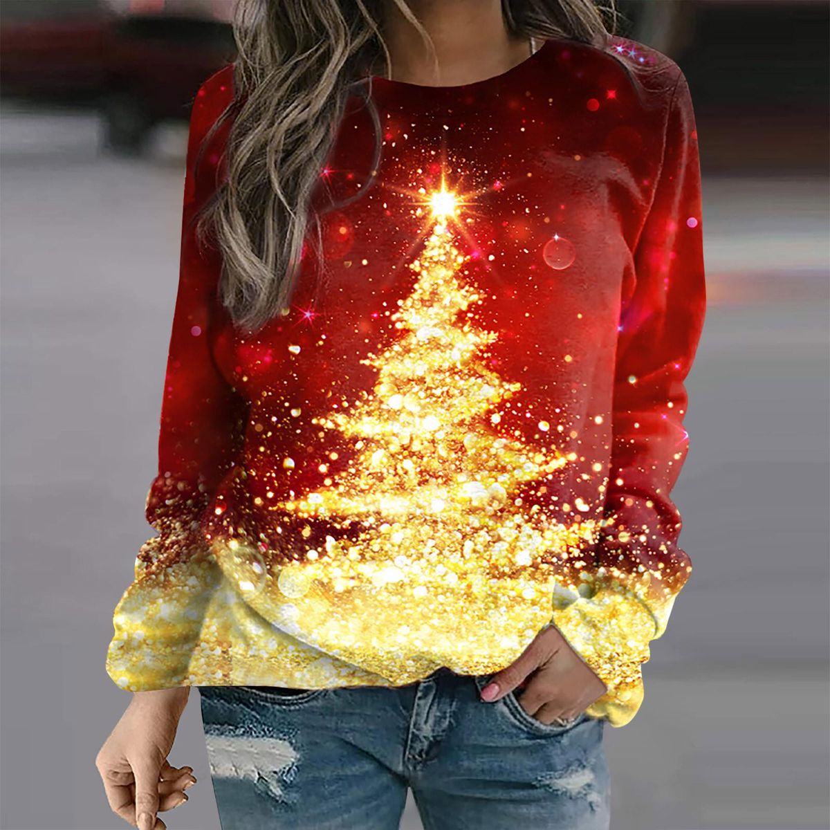 Women Print Long Sleeve Comfortable Breathable Round-Neck Sweatshirt