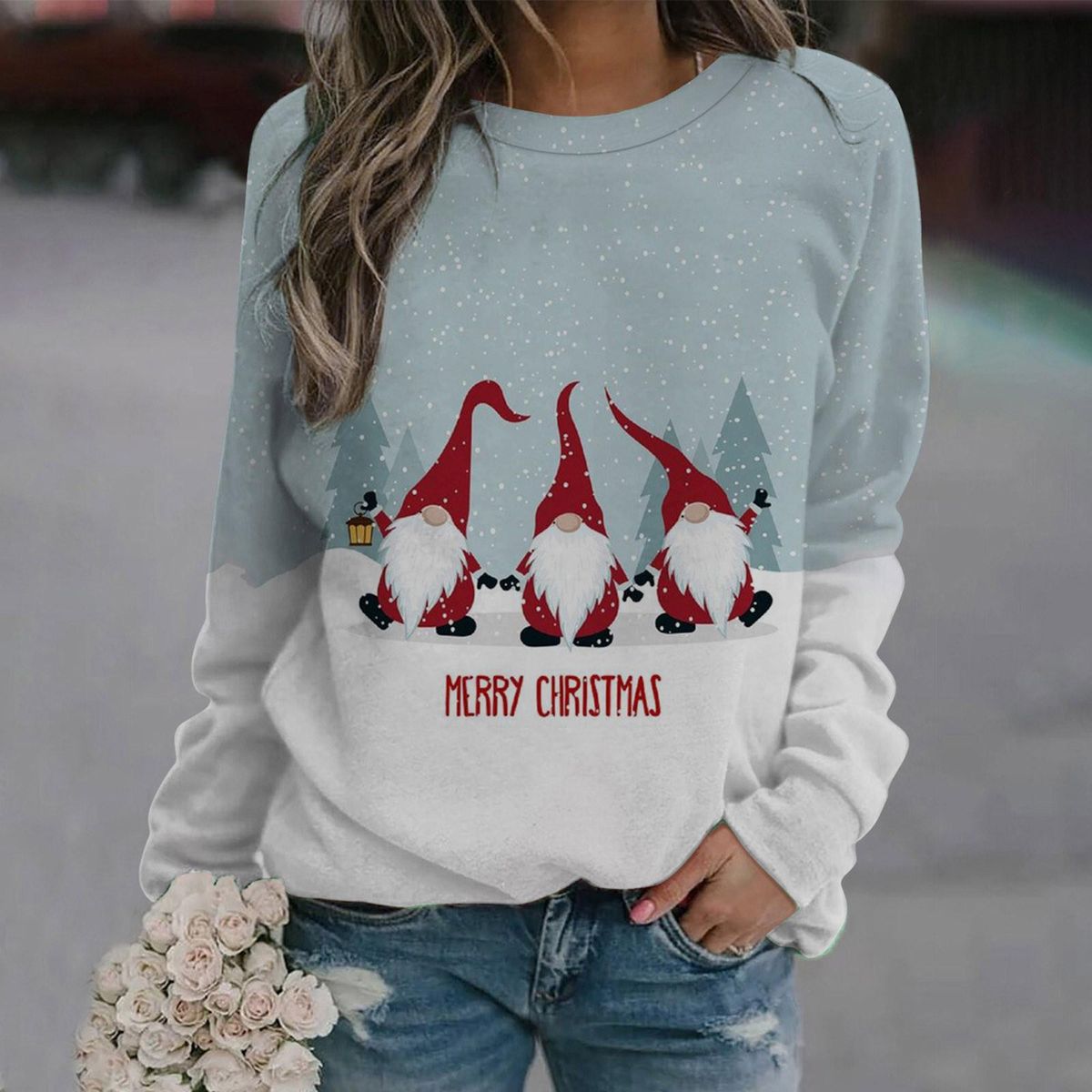 Women Long Sleeves Shirts Christmas Printing Round Neck Sweatshirt Cre