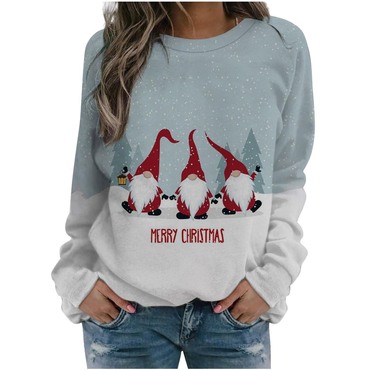 Women Long Sleeves Shirts Christmas Printing Round Neck Sweatshirt Cre