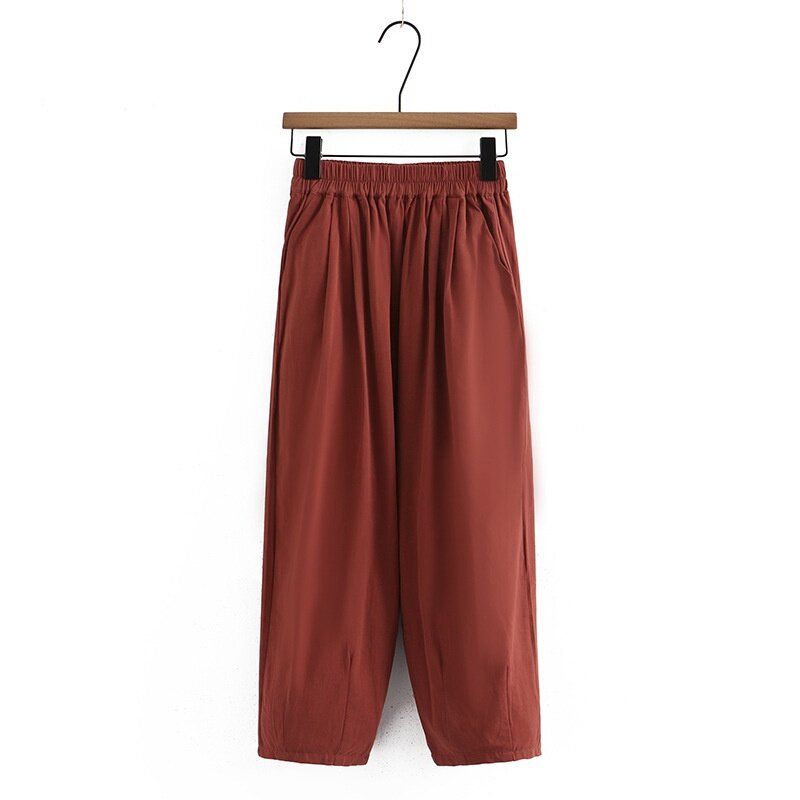 (Red)Plus Size Women's XL-4XL Full Cotton Spring Summer Harem Pants Ladies' Solid Color Elegant Female Trousers SAB