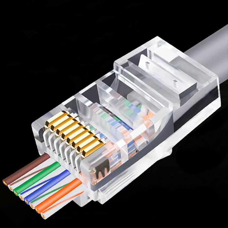 100Pcs RJ45 Connector 6U Gold Plated Pass Through Ethernet Cables Module Plug Network RJ-45 Crystal Heads Cat5 Cat5E