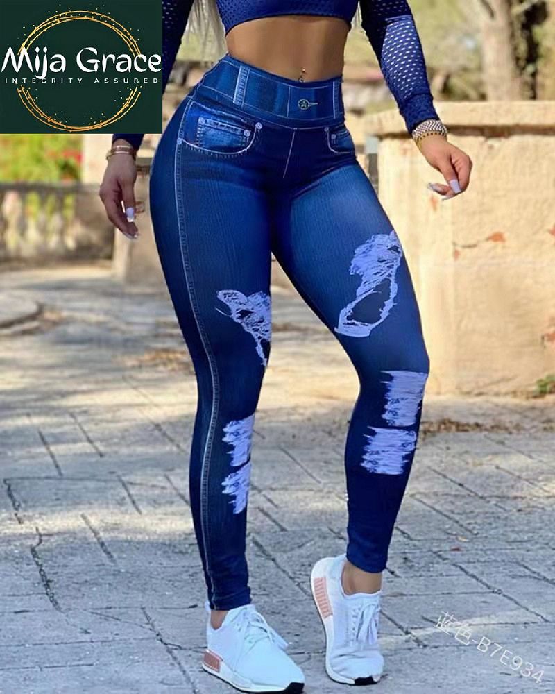 {MijaGrace} Women's High Waist Digital Print Stretch LEGGINGS Pants-Blue-S-5XL