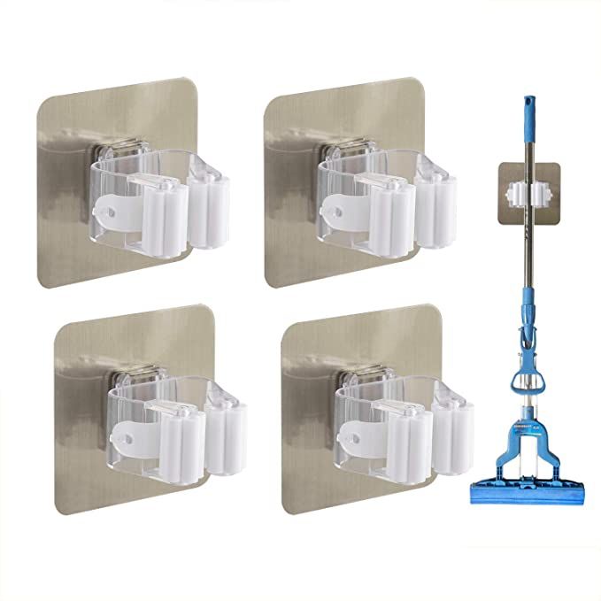 4PCS Adhesive Multi-Purpose Hooks Wall Mounted Mop Organizer