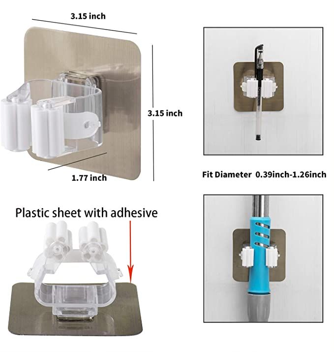4PCS Adhesive Multi-Purpose Hooks Wall Mounted Mop Organizer