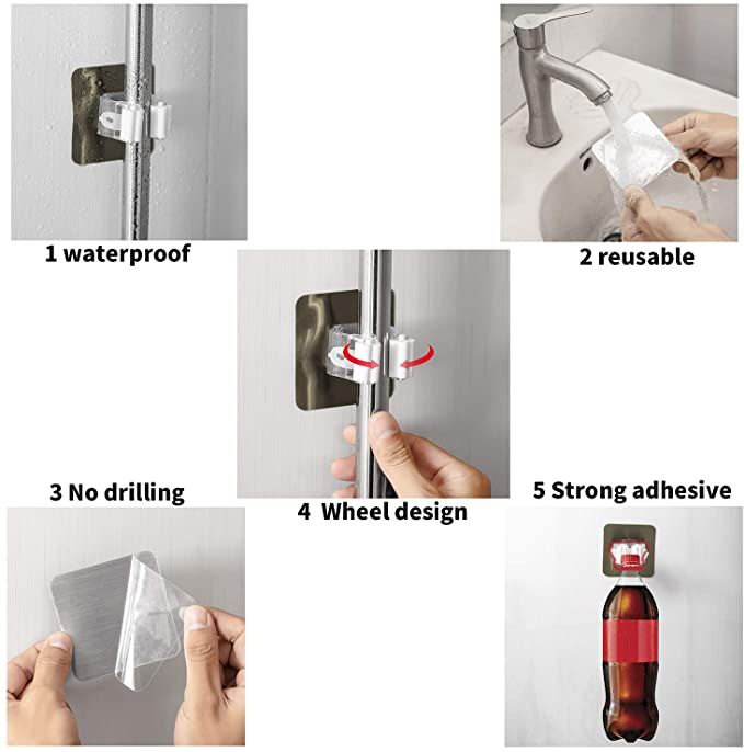 4PCS Adhesive Multi-Purpose Hooks Wall Mounted Mop Organizer