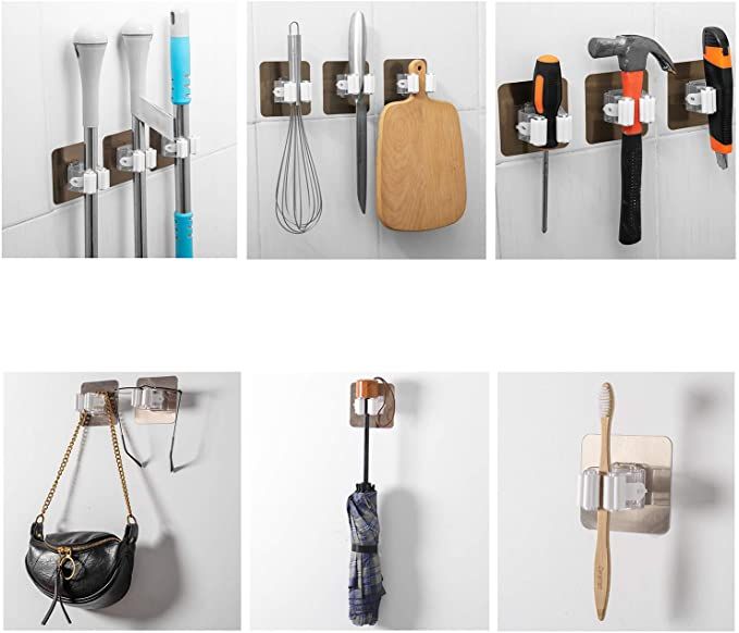 4PCS Adhesive Multi-Purpose Hooks Wall Mounted Mop Organizer