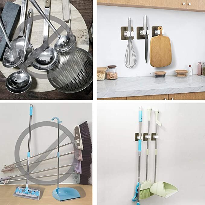 4PCS Adhesive Multi-Purpose Hooks Wall Mounted Mop Organizer