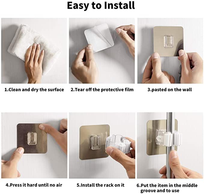 4PCS Adhesive Multi-Purpose Hooks Wall Mounted Mop Organizer