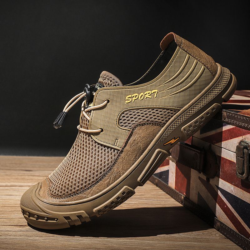 High Quality Elastic Band Men's Shoes Big Size 39-46 Outdoor Non-slip Leather+Mesh Hiking Climbing Shoes Retro Professional Trekking Sneakers Coffee