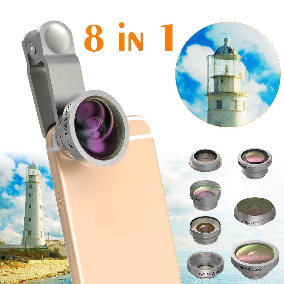 Universal 8in1 Clip-On Wide Angle+Super Fisheye+Macro Phone Camera Lens Kit
