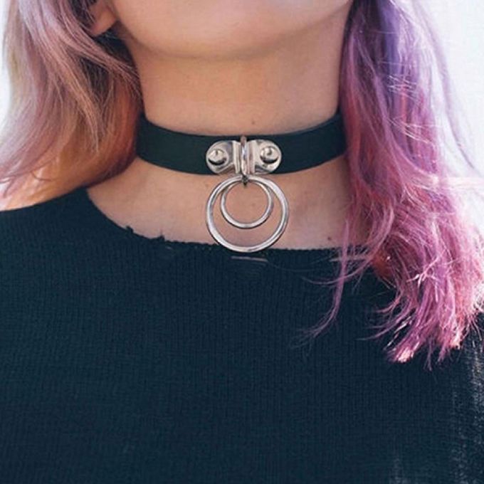 Punk Faux Leather Alloy Rings Charm Collar Choker-Black