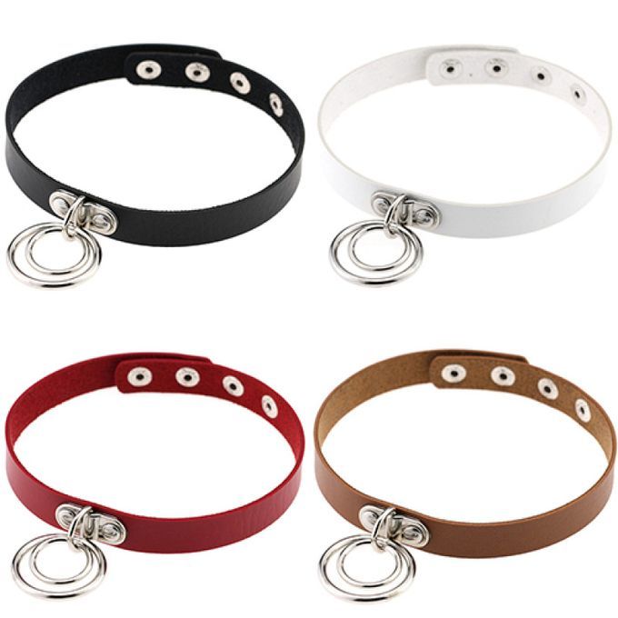 Punk Faux Leather Alloy Rings Charm Collar Choker-Black