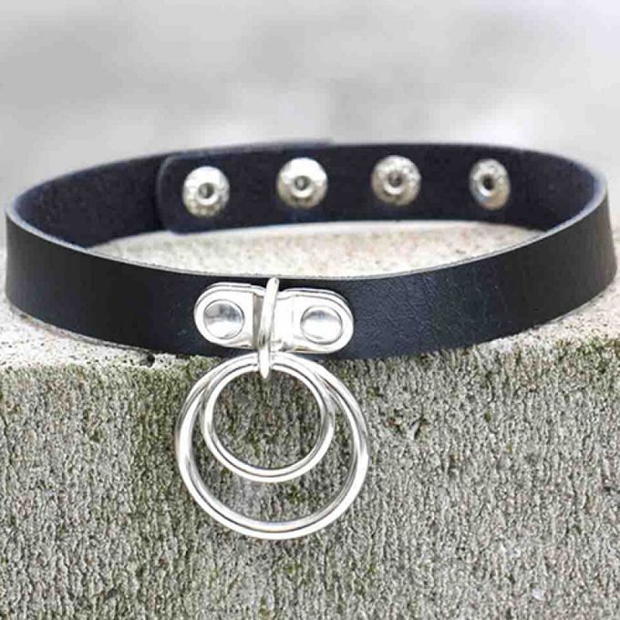 Punk Faux Leather Alloy Rings Charm Collar Choker-Black