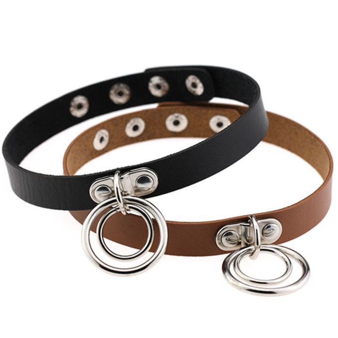Punk Faux Leather Alloy Rings Charm Collar Choker-Black