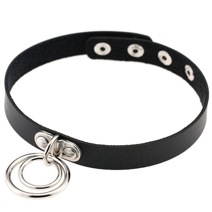 Punk Faux Leather Alloy Rings Charm Collar Choker-Black