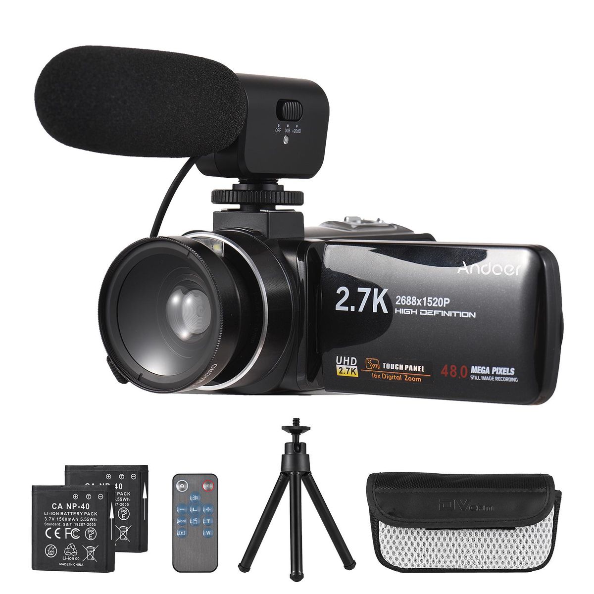 Andoer 2.7K Digital Video Camera Camcorder DV Recorder 48MP 16X Digital Zoom 3.0 Inch IPS Touch Panel Supports Face Detection Beauty Face Smile Capture Anti-shake with 2pcs Batteries + Remote Control + Mini Tripod + Carry Bag