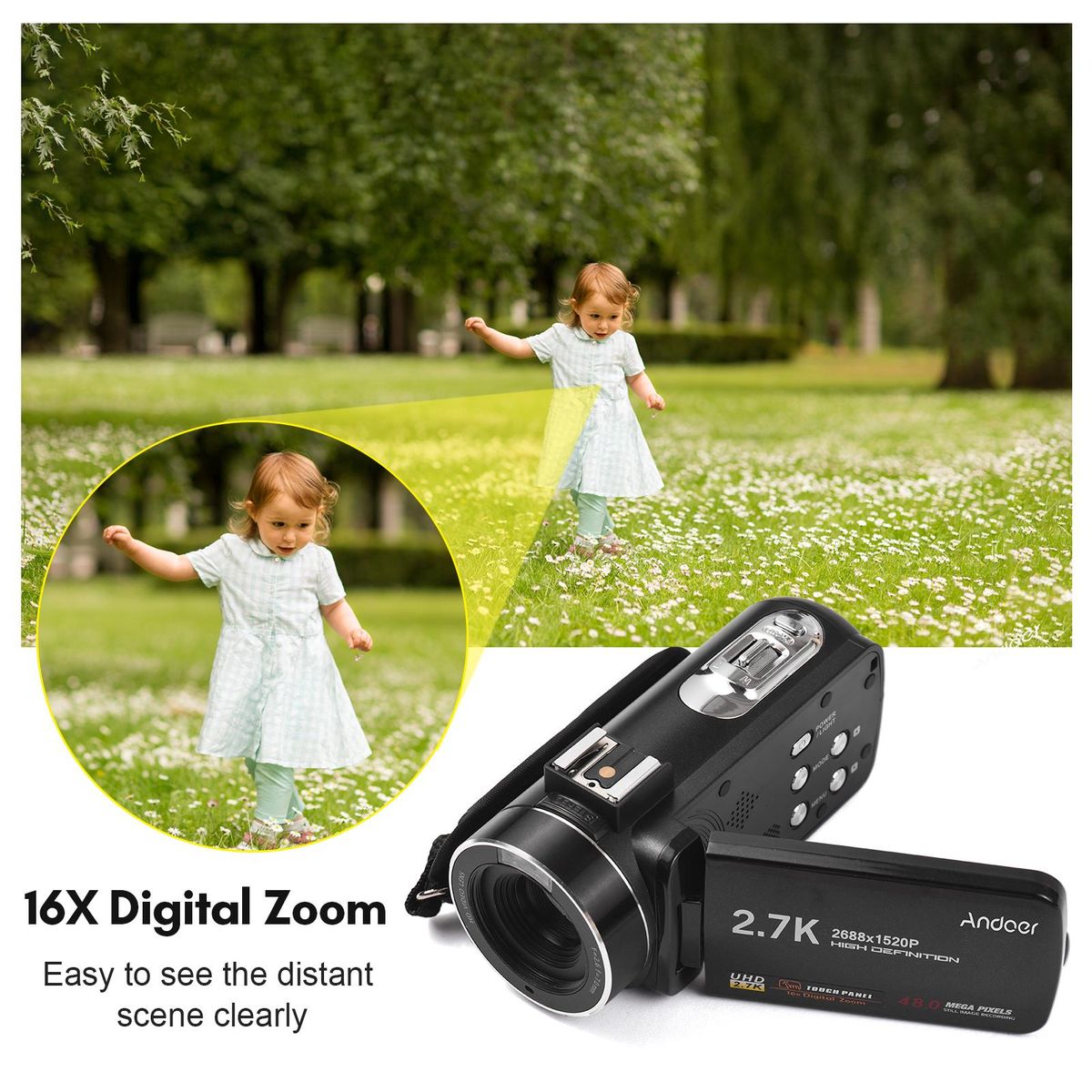 Andoer 2.7K Digital Video Camera Camcorder DV Recorder 48MP 16X Digital Zoom 3.0 Inch IPS Touch Panel Supports Face Detection Beauty Face Smile Capture Anti-shake with 2pcs Batteries + Remote Control + Mini Tripod + Carry Bag
