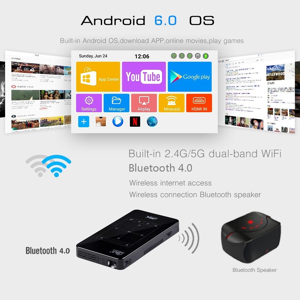 P09 Portable 4K Ultra HD DLP Mini Smart Projector With Infrared Remote Control(Black)