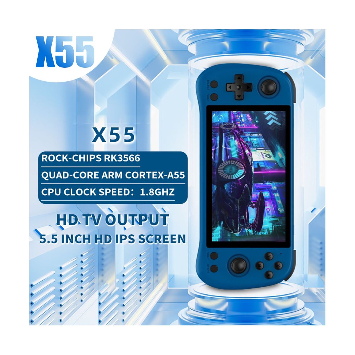 For POWKIDDY X55 Retro Game Console 16G+64G RK3566 5.5 INCH 1280X720 IPS Screen Open-Source Linux Handheld Video Console